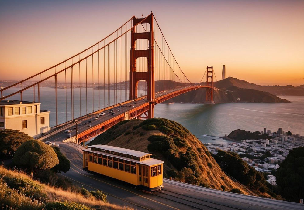 The iconic Golden Gate Bridge stands tall against a vibrant sunset, while cable cars traverse the hilly streets of San Francisco, with the Transamerica Pyramid and Coit Tower in the background