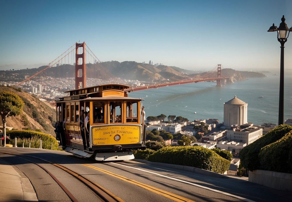 A cable car ascends a steep San Francisco street, passing by historic buildings and bustling shops, with the iconic Golden Gate Bridge visible in the distance