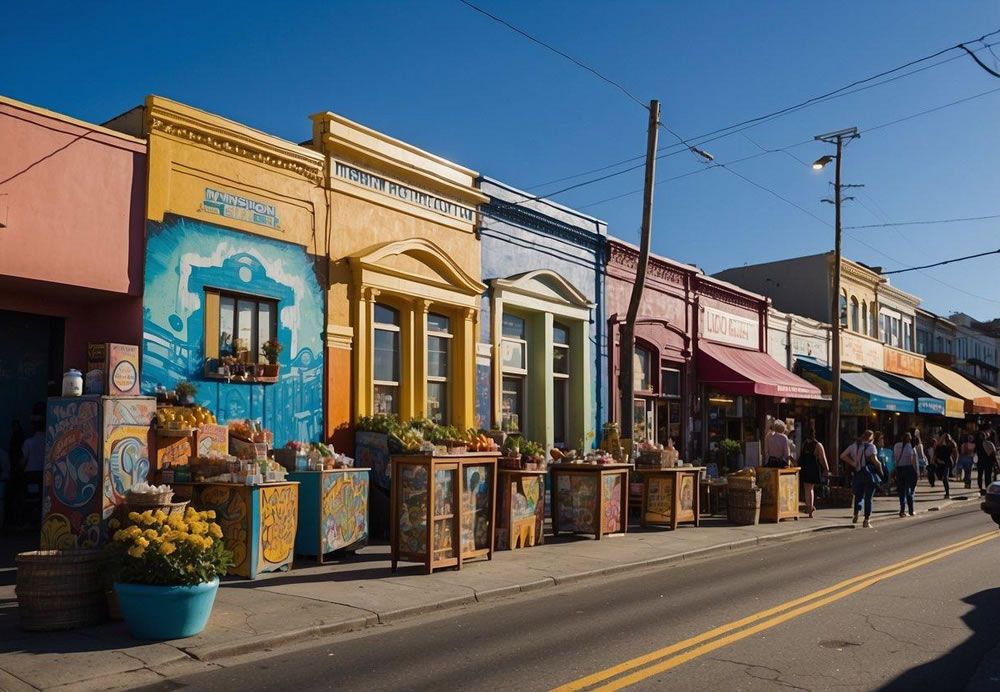 Colorful murals cover the walls of Mission District. A bustling street market offers a variety of local goods. Brightly painted buildings line the streets, with vibrant street art on display