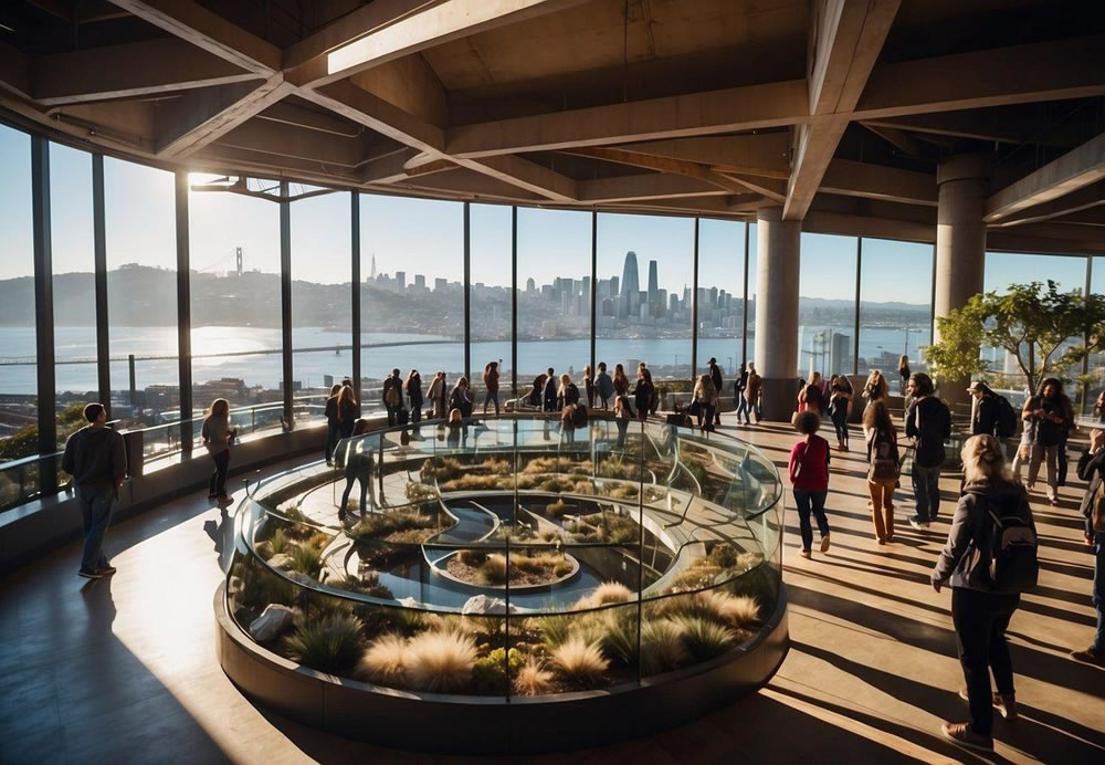 Aerial view of the Exploratorium in San Francisco, with groups of visitors exploring interactive exhibits and outdoor installations. The iconic architecture of the building stands out against the backdrop of the city skyline