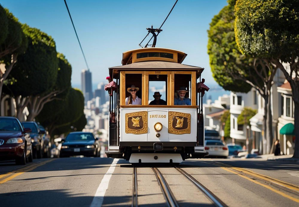 A cable car ascends a steep San Francisco street, passing by iconic landmarks and bustling neighborhoods, providing access to top attractions for large groups