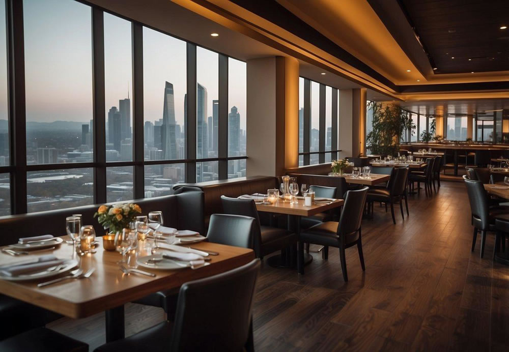 A bustling restaurant with large tables and a diverse menu. Nearby, a hotel with modern amenities and a welcoming lobby. City skyline visible in the background