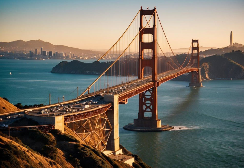 The iconic Golden Gate Bridge stands tall against a backdrop of the city skyline, with cable cars traversing the hilly streets below. Alcatraz Island is visible in the distance, surrounded by the sparkling waters of the bay