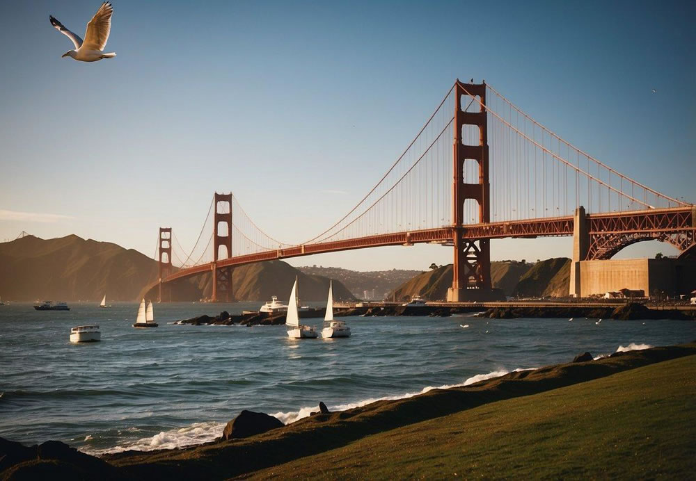 The iconic Golden Gate Bridge stands tall and majestic against the backdrop of the city skyline, with boats gliding underneath and seagulls soaring overhead