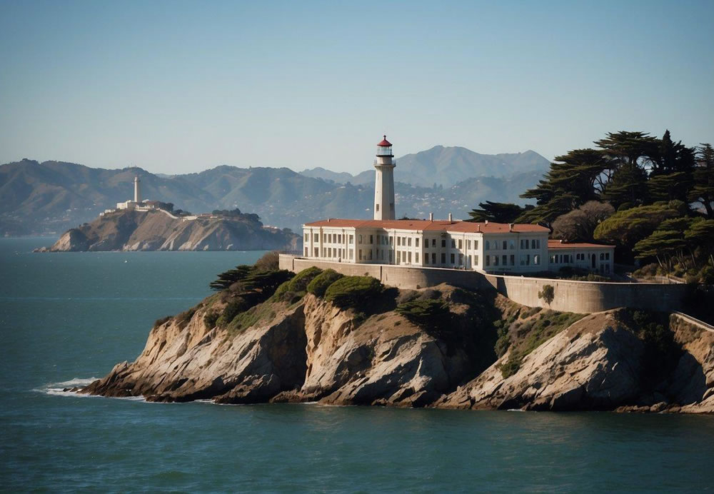 The iconic Alcatraz Island sits in the San Francisco Bay, surrounded by glistening water and rugged cliffs. The historic prison buildings and lighthouse stand tall against the backdrop of the city skyline