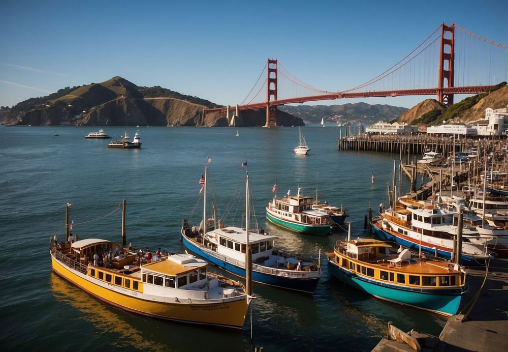 Colorful boats line the bustling pier at Fisherman's Wharf, with the iconic Golden Gate Bridge in the background. Seagulls soar overhead as visitors explore the vibrant shops and restaurants along the waterfront