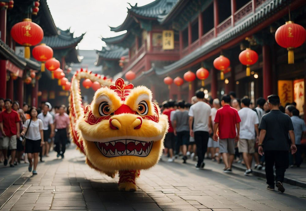 Busy Chinatown street with colorful storefronts, red lanterns, and bustling crowds. A dragon dance performance in the square, surrounded by traditional architecture