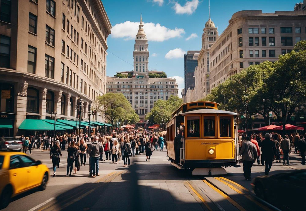 Busy Union Square with iconic cable cars, bustling shops, and vibrant street performers. Skyscrapers and historic buildings surround the bustling square