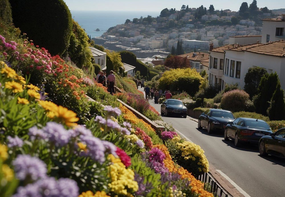 Lombard Street winds down a steep hill, lined with colorful flowers and tight turns. Tourists gather to watch cars navigate the famous crooked road