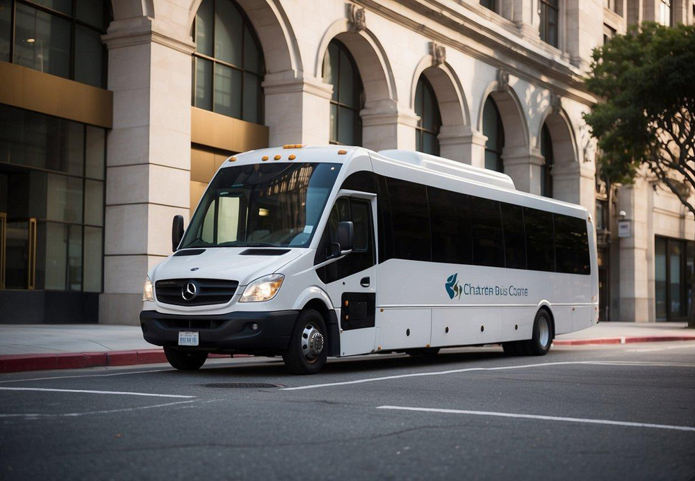 A sleek charter bus pulls up to a corporate office in San Francisco, with the company logo emblazoned on the side. The bus is spacious, modern, and equipped with comfortable seating for executive travel