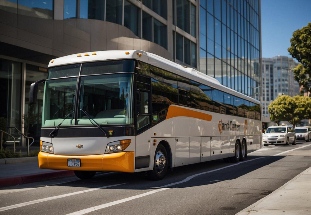 A charter bus parked in front of a corporate office building in San Francisco, with employees boarding and a driver loading luggage