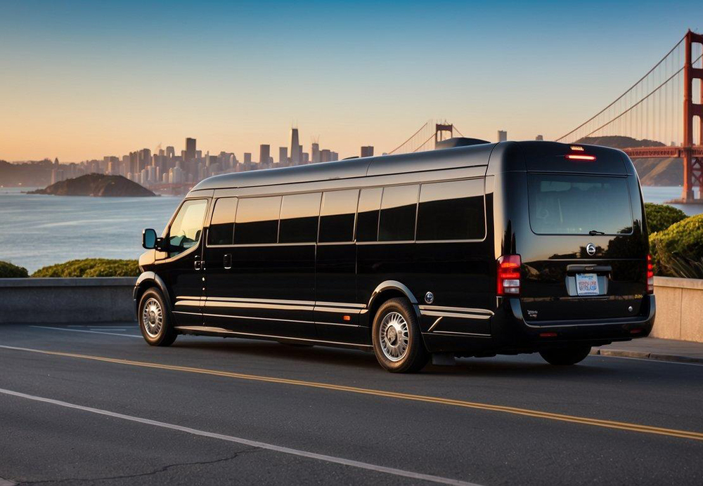 A shuttle bus is standing  in front of the Golden gate bride