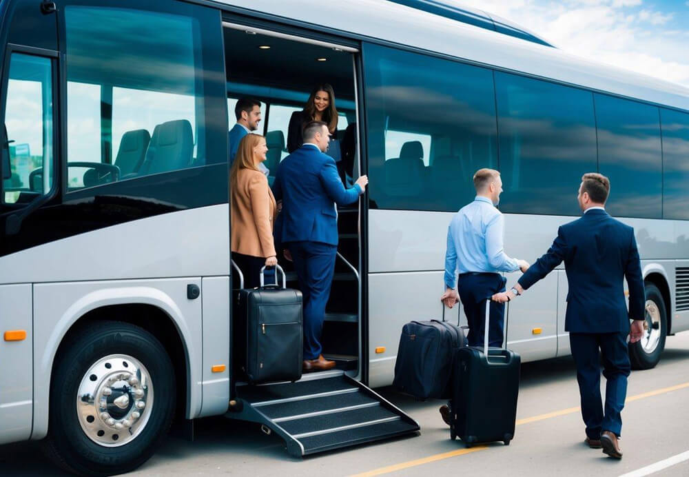 A group of people boarding a modern, spacious charter bus with a professional driver. Luggage is being loaded into the storage compartments underneath the bus