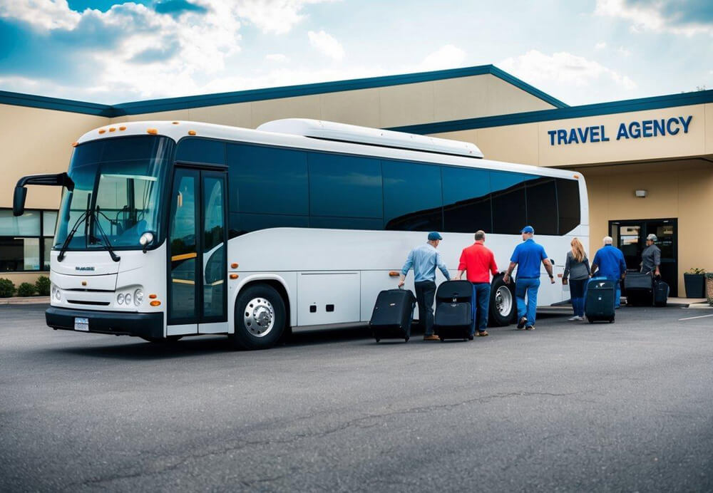 A charter bus parked outside a travel agency with a group of people loading luggage onto the bus