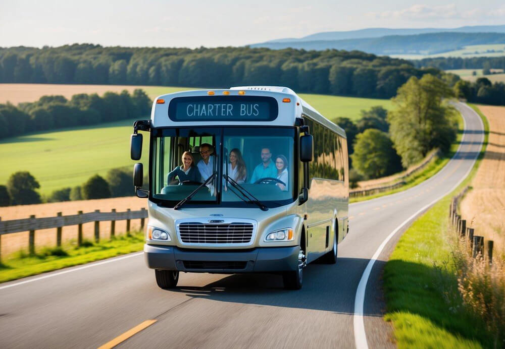 A charter bus driving through scenic countryside, with a group of happy passengers enjoying the spacious and comfortable interior