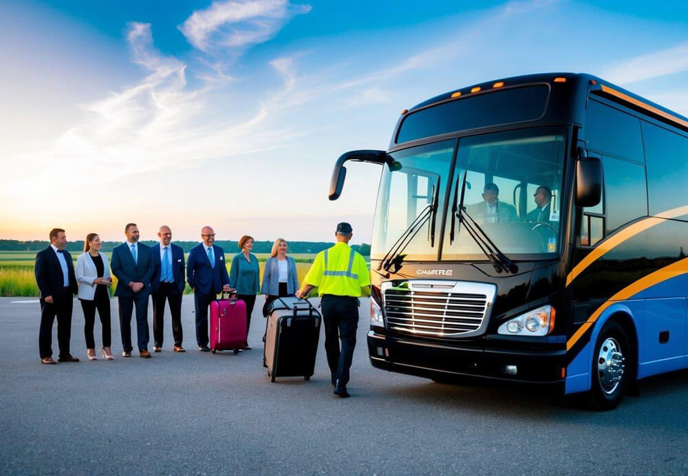 A charter bus parked in front of a group of people, with a driver loading luggage into the storage compartment