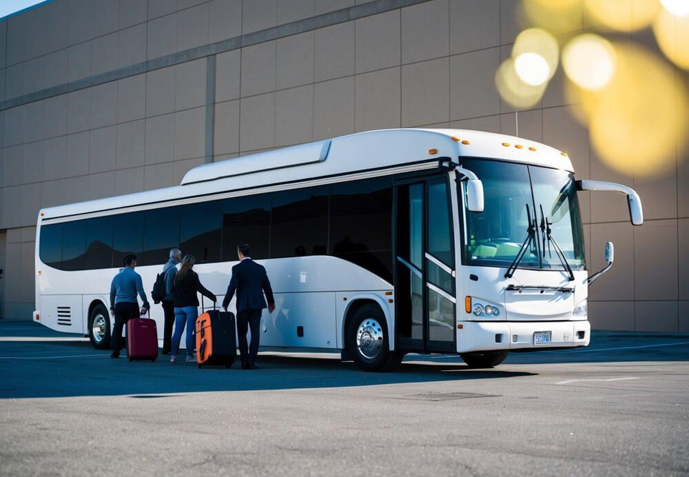 A charter bus parked in front of a large building, with a group of people loading luggage into the storage compartment