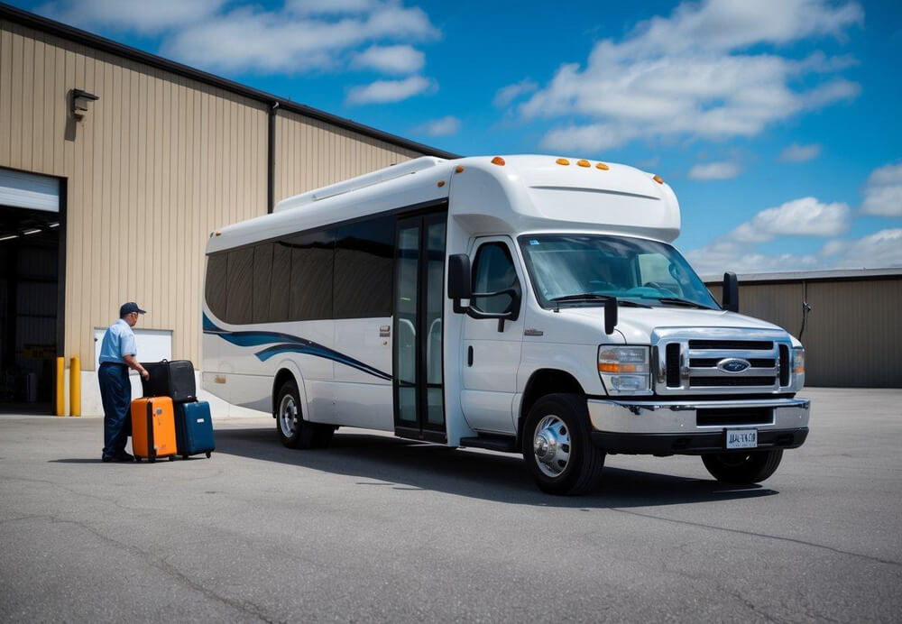 A charter bus parked in front of a transportation depot, with a driver loading luggage into the storage compartment