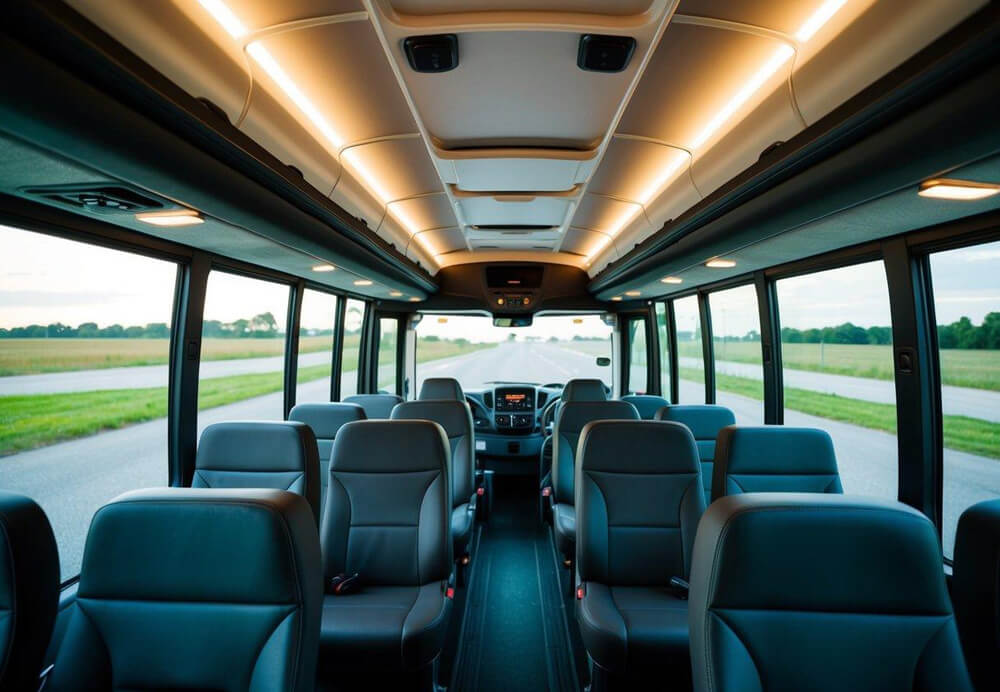 A charter bus interior with comfortable seating, overhead storage, WiFi, and charging stations