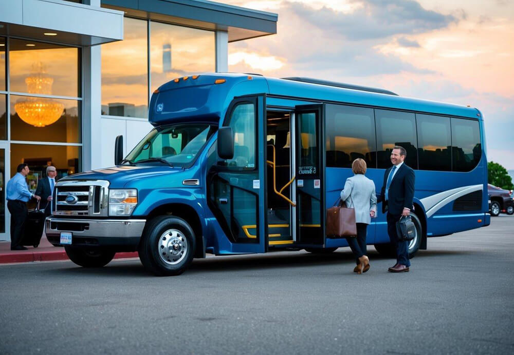 A charter bus parked outside a bustling event venue, with a driver standing by the open door and passengers boarding with luggage