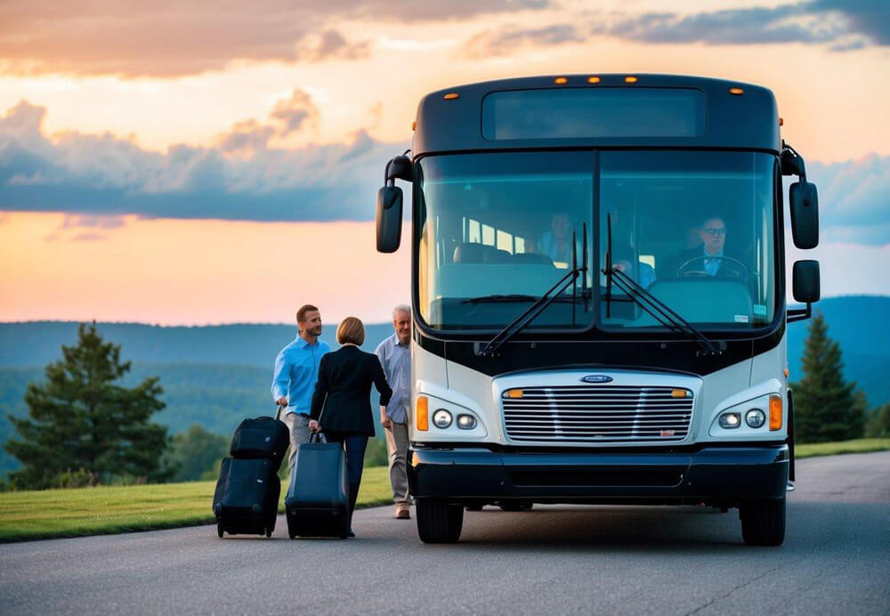 A charter bus parked in front of a scenic backdrop, with passengers boarding or unloading luggage