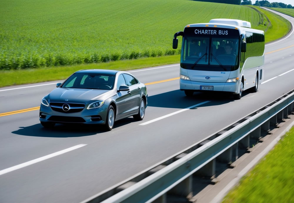 A charter bus and a car traveling on a wide, smooth highway surrounded by green fields and clear skies. The bus is larger and has more passengers than the car