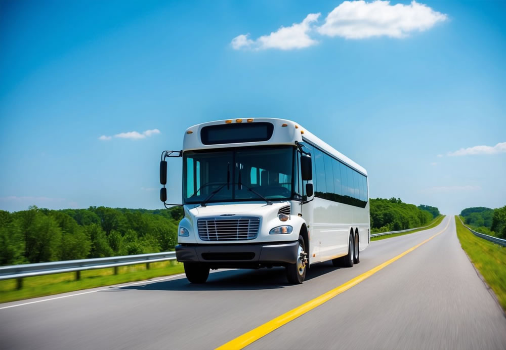 A charter bus travels smoothly on a wide, paved road, surrounded by clear blue skies and lush green scenery. The bus appears sturdy and well-maintained, exuding a sense of safety and reliability