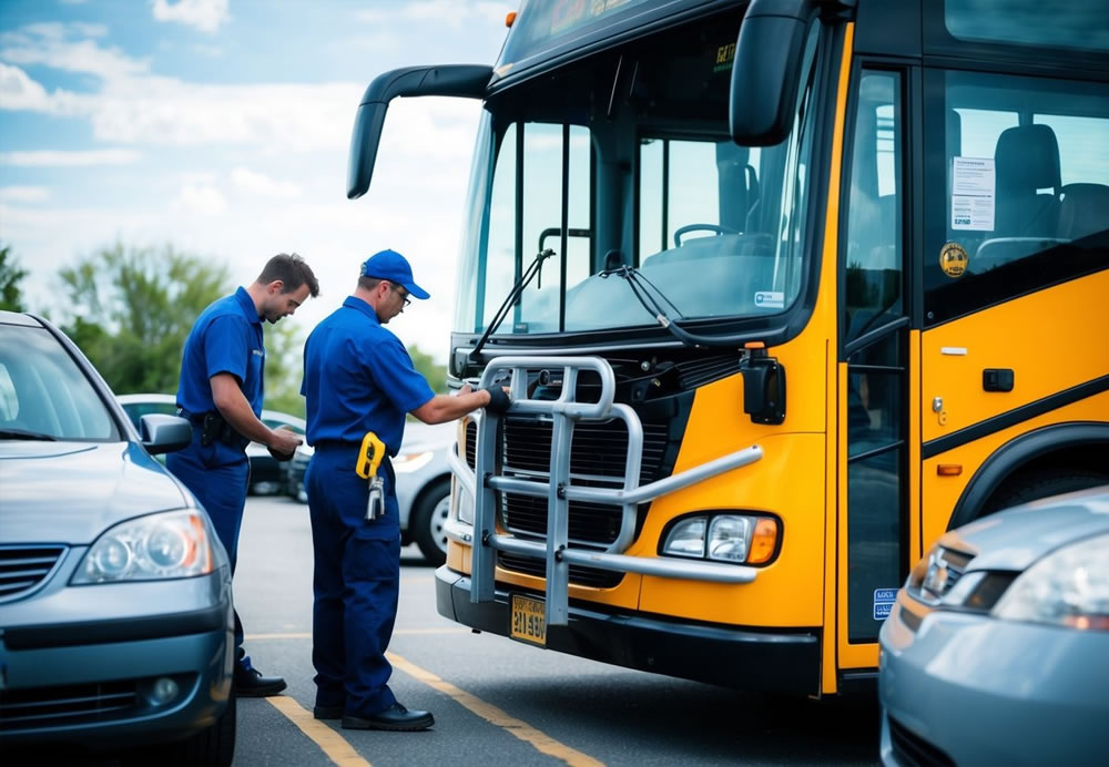 A bus driver performs a pre-trip inspection while a maintenance worker checks the engine. The bus is parked next to a car for comparison