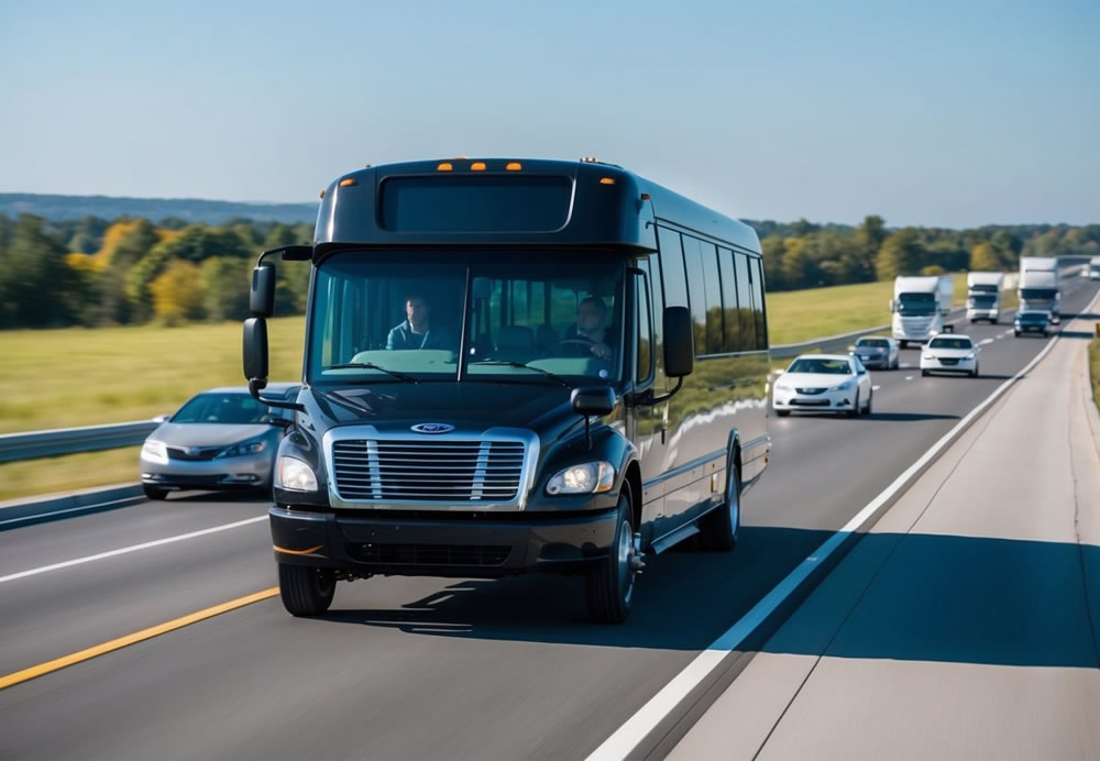 A charter bus traveling on a smooth highway, passing by cars and other vehicles. Clear skies and a scenic landscape in the background