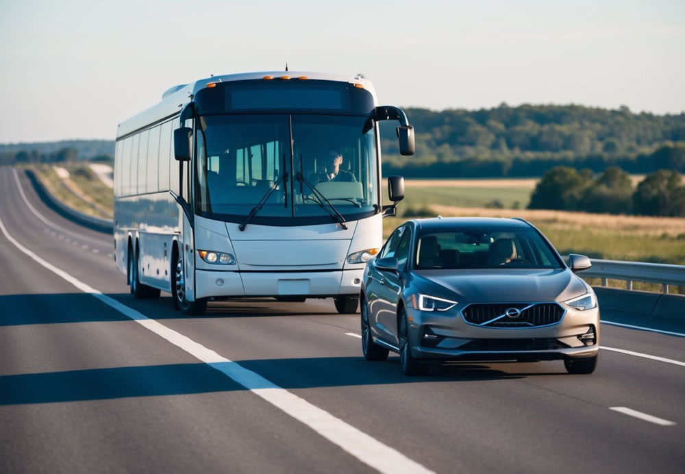 A charter bus and car driving side by side on a wide, straight highway, with clear weather and a scenic landscape in the background