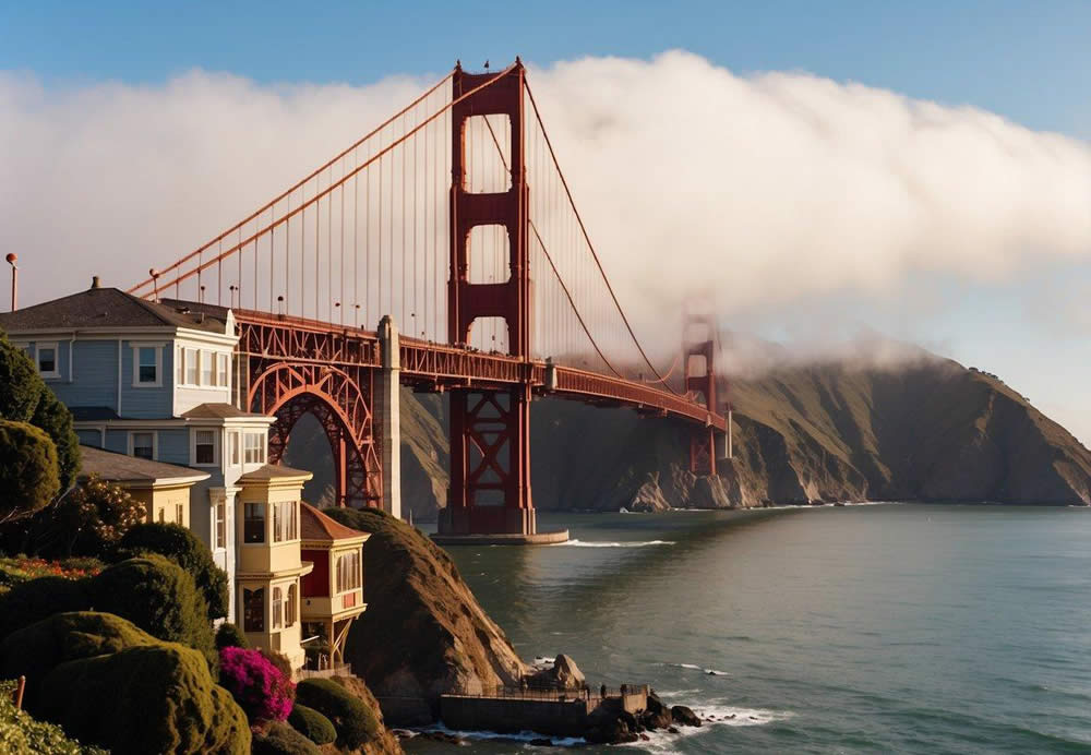 The Golden Gate Bridge stands tall against a backdrop of fog, while cable cars climb steep streets lined with colorful Victorian houses