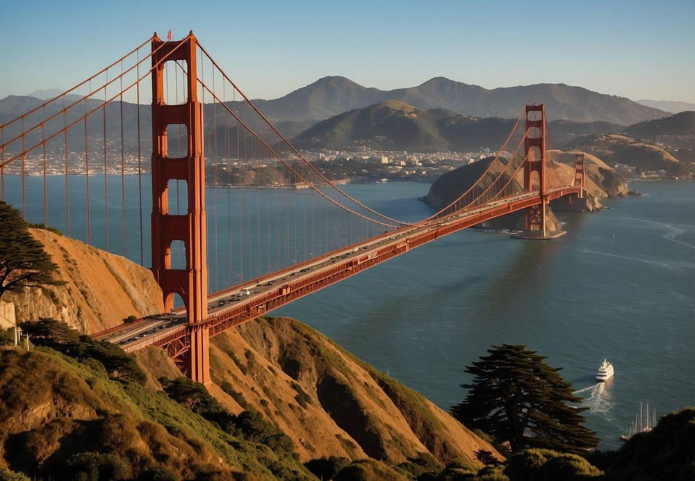 The iconic Golden Gate Bridge spans the bay, while cable cars climb steep streets, and Alcatraz Island sits in the distance