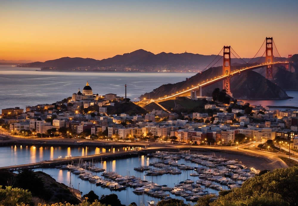 Bright city skyline with iconic landmarks like the Golden Gate Bridge and Alcatraz Island. Cable cars traverse steep streets while colorful Victorian houses line the hilly neighborhoods. Waterfront piers bustle with activity as the sun sets over the bay