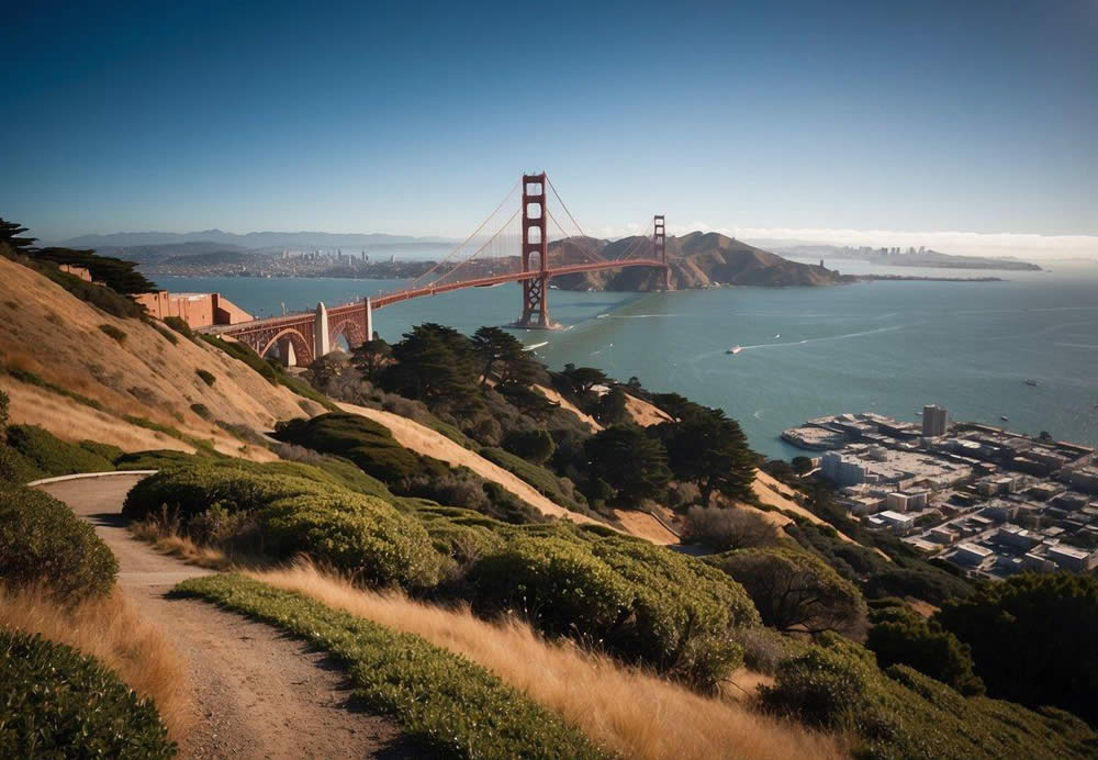 The Golden Gate Bridge spans the bay, while cable cars climb steep streets. Alcatraz Island looms in the distance, surrounded by the city's iconic skyline