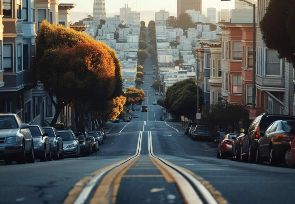 Buildings along one of San Francisco's hilly streets 