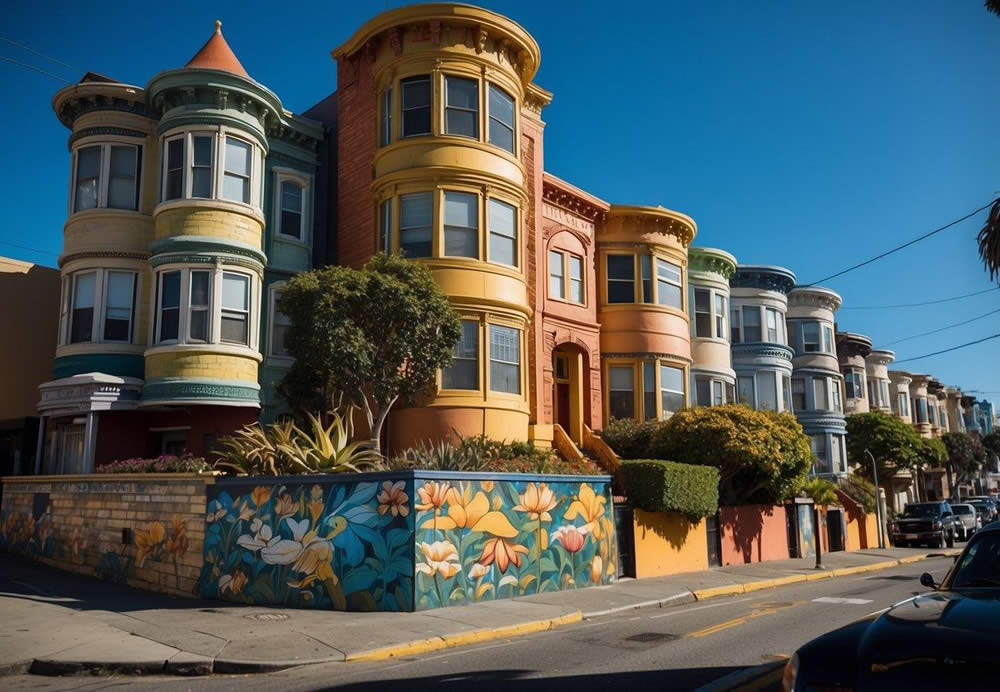 Vibrant murals line the streets of the Mission District, showcasing the diverse cultural heritage of San Francisco. Iconic landmarks like the Golden Gate Bridge and Alcatraz Island stand against the city's picturesque skyline