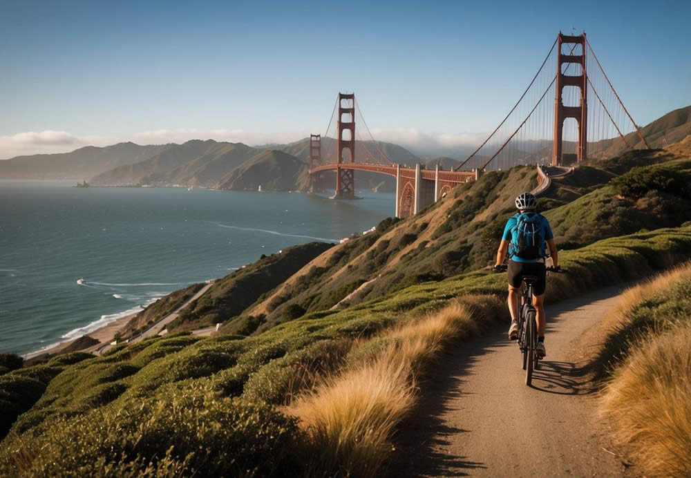 Rolling hills overlook the Golden Gate Bridge. Bicyclists and hikers explore lush trails. Sailboats glide along the bay. Cable cars climb steep streets