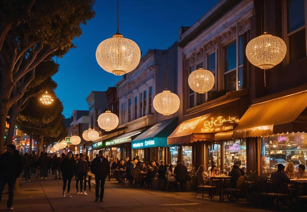 Colorful storefronts line the bustling streets, people dine at outdoor cafes, and neon lights illuminate the vibrant nightlife in San Francisco, California