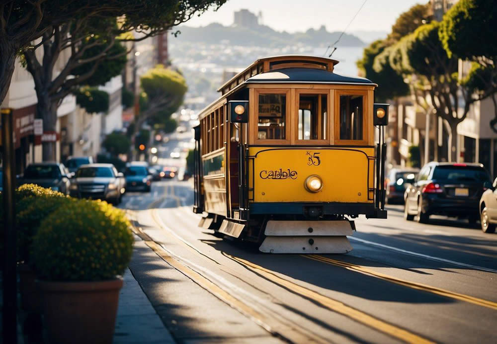 Cable cars climb steep hills, while buses and trams navigate the bustling streets of San Francisco, California