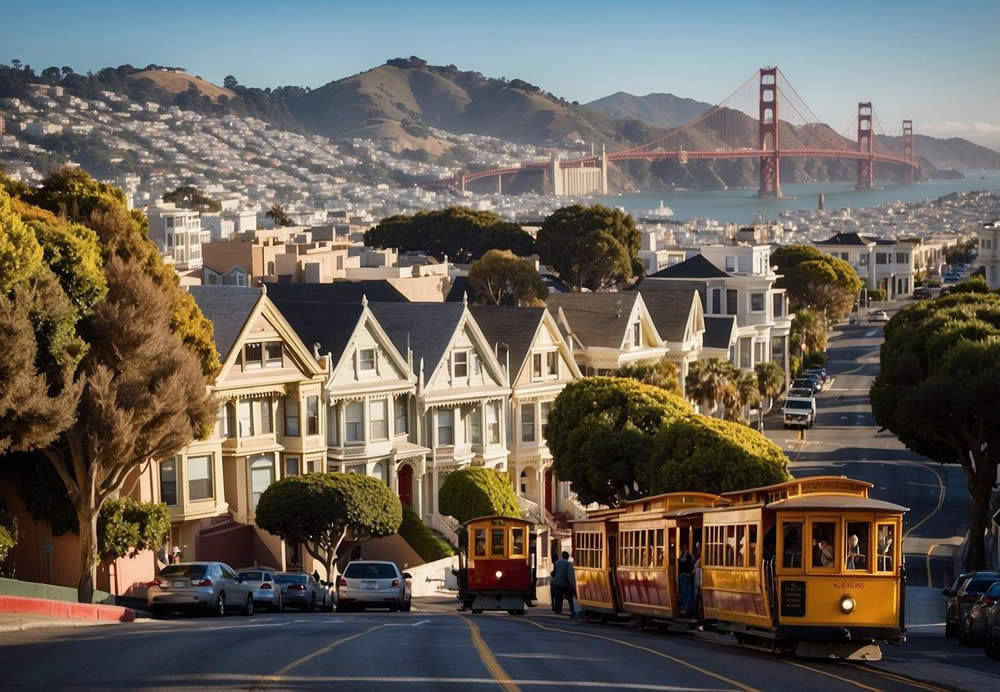 Colorful buildings line the hilly streets of San Francisco, with iconic landmarks like the Golden Gate Bridge and cable cars in the background