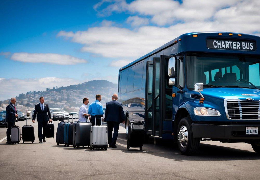 A charter bus parked outside SFO with passengers boarding and luggage being loaded