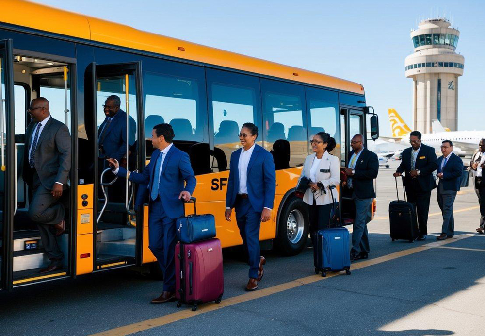 Passengers boarding a charter bus at SFO with luggage, while others wait in line for their turn to embark. The bus is parked in front of the airport terminal, with a clear view of the control tower and airplanes in the background