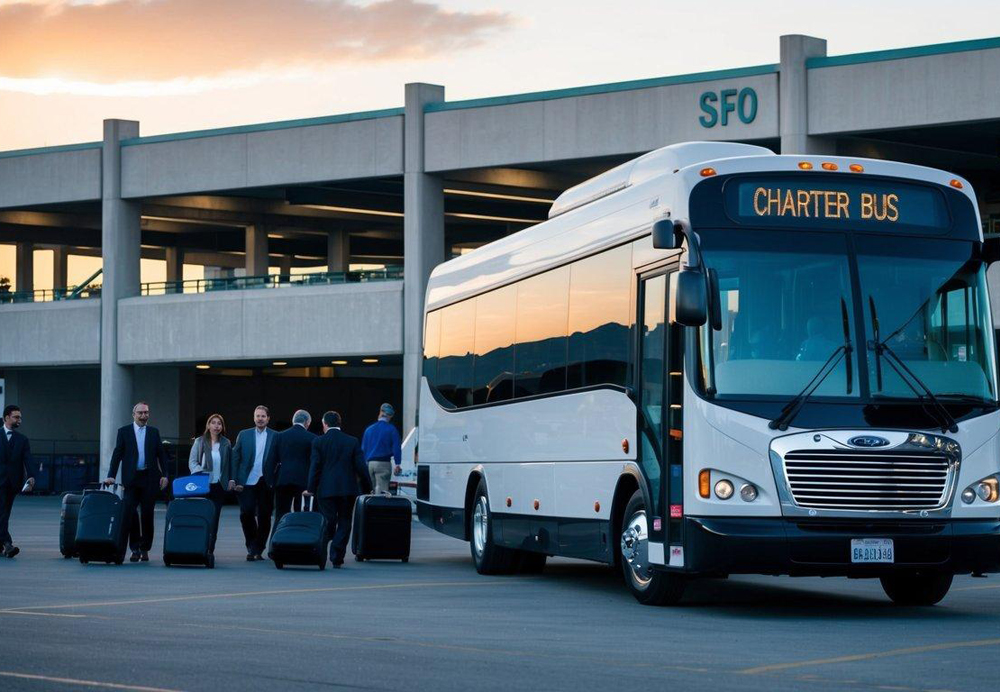 A charter bus parked outside the terminal at SFO, with passengers boarding and luggage being loaded into the compartments underneath