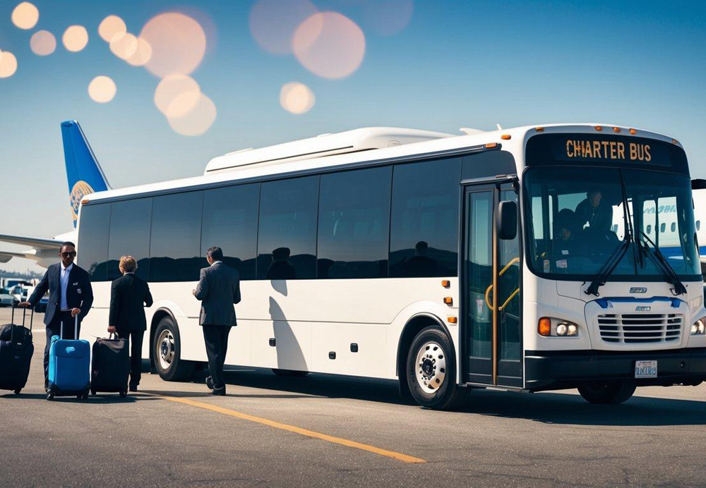 A charter bus parked outside SFO airport with passengers boarding and unloading luggage