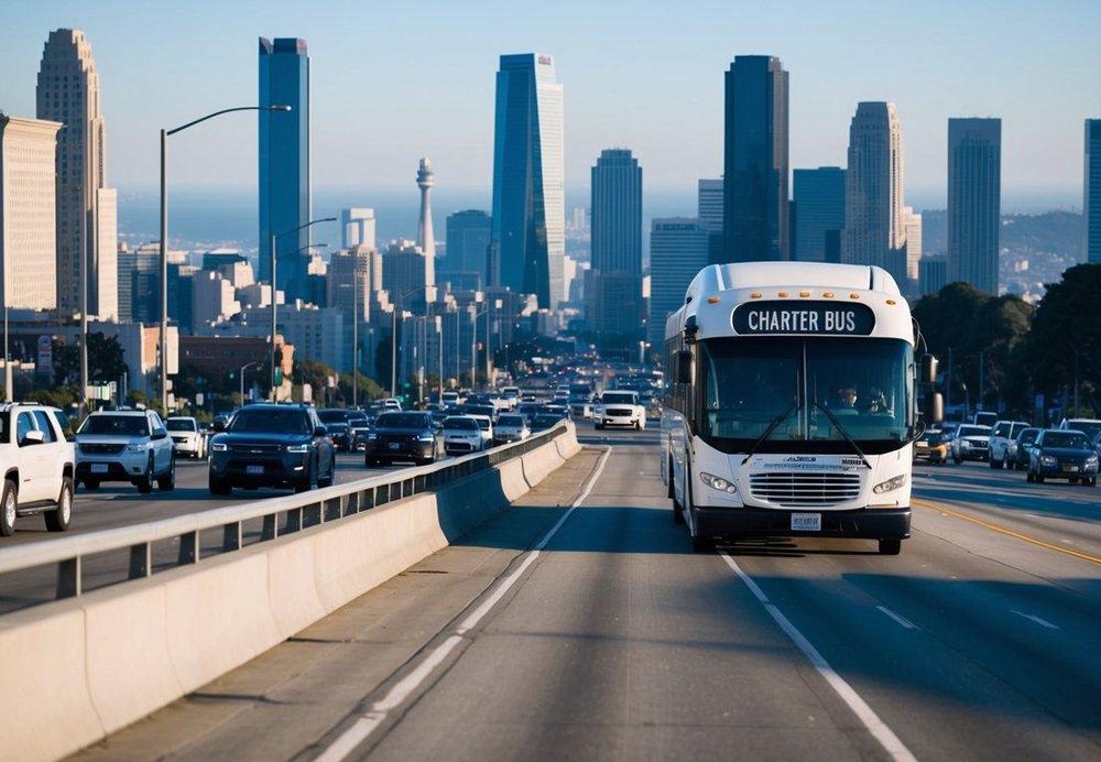 A charter bus weaves through city traffic towards SFO, with skyscrapers and the airport in the distance