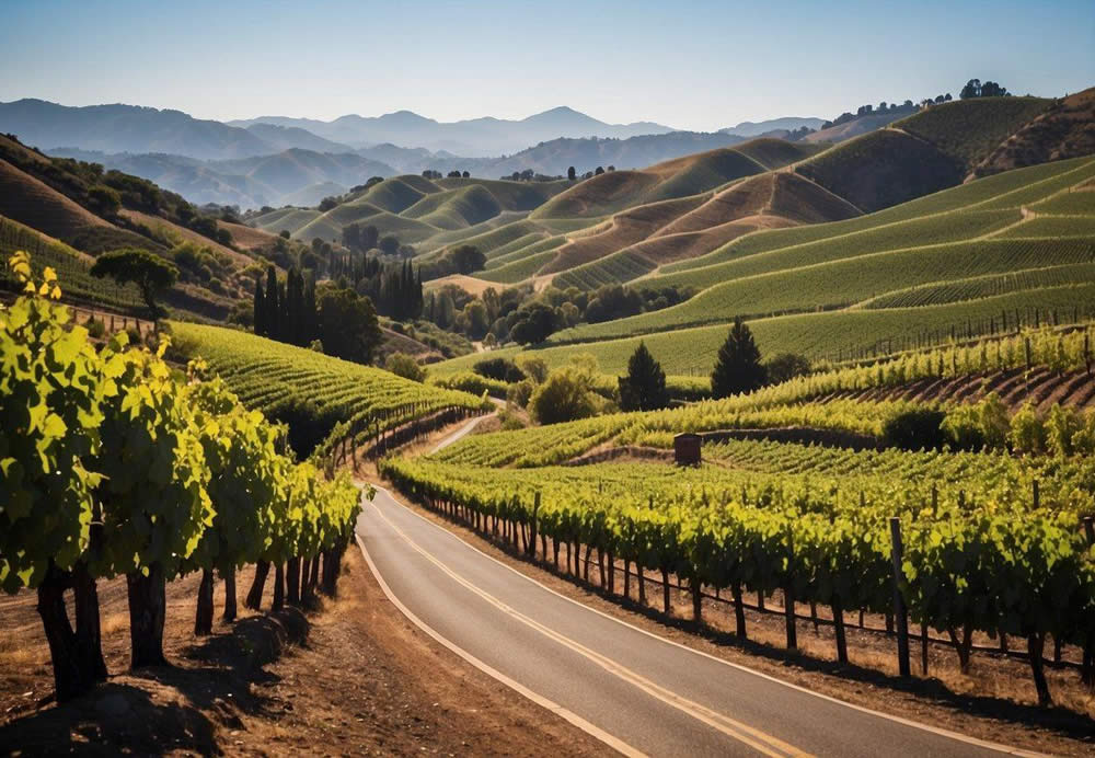 A winding road leads through lush vineyards, with grand wineries nestled among the rolling hills. A luxury tour bus from San Francisco stops at each top 10 Napa winery, offering a unique and personalized journey through the world-renowned wine region