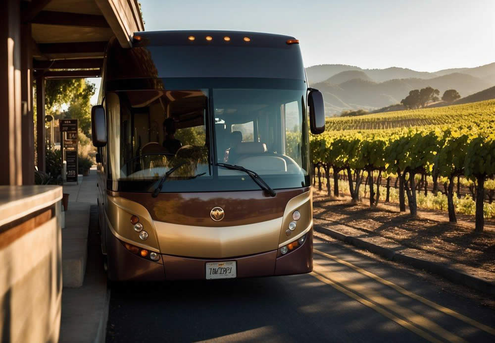 A luxury wine tour bus drives through the scenic Napa Valley, passing by rows of lush vineyards and elegant wineries, with the iconic rolling hills in the background