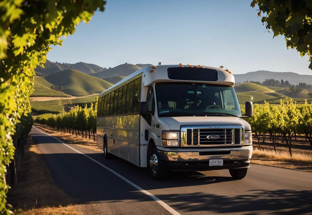 A charter bus drives through Napa Valley, passing by lush vineyards and grand wineries, with the San Francisco skyline visible in the distance