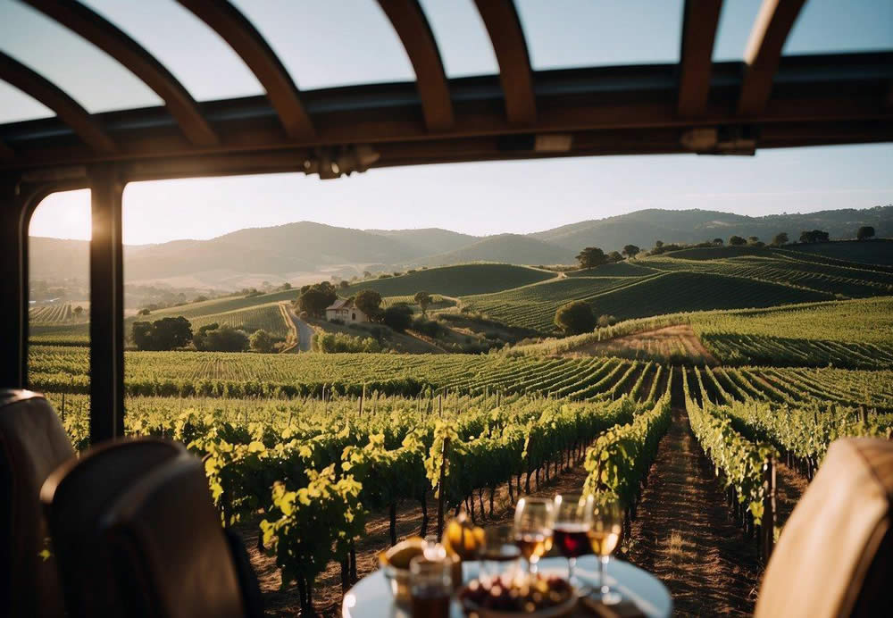 Rolling hills of vineyards stretch across the landscape, leading to elegant wineries with grand architecture. A luxury wine tour bus approaches, surrounded by lush greenery and clear blue skies