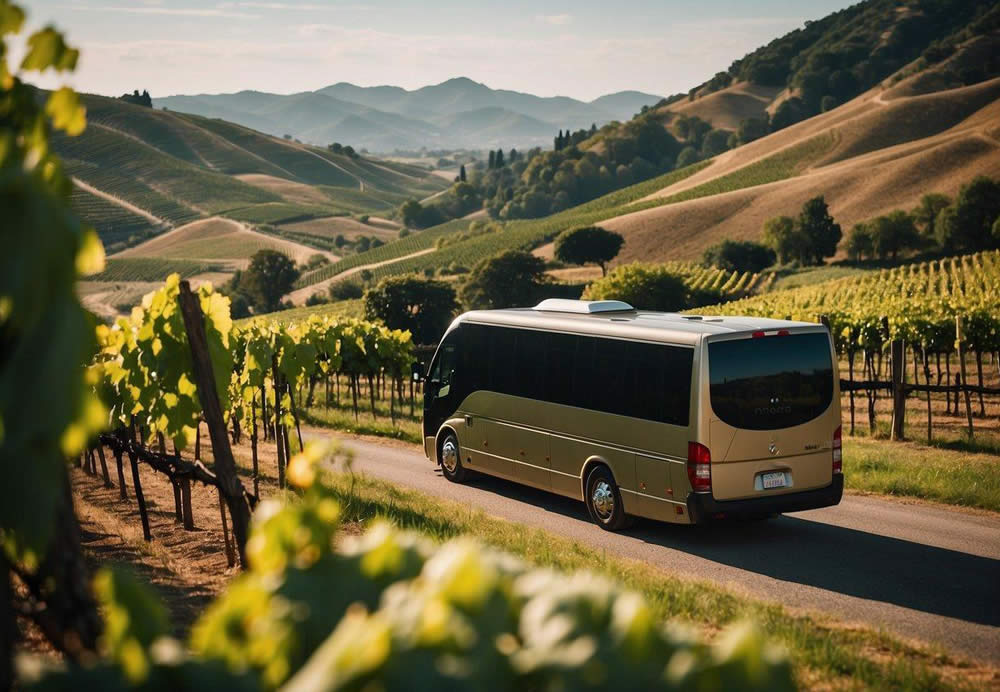 A lush vineyard overlooks rolling hills, dotted with elegant wineries. A tour bus pulls up to a grand estate, as guests spill out to sample exquisite wines